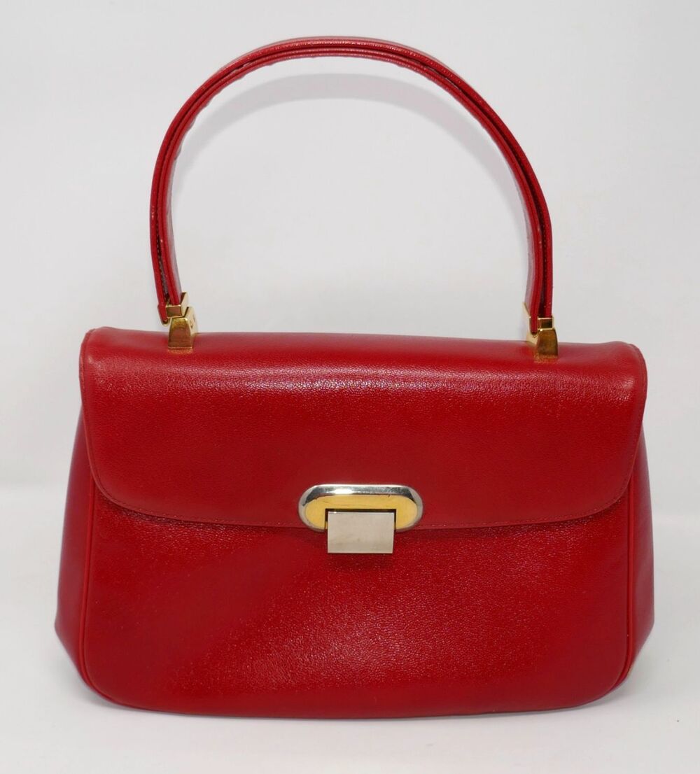 Koret Vintage 1950s 1960s Mid Century Two Tone Clasp Red Leather Top Handle Bag